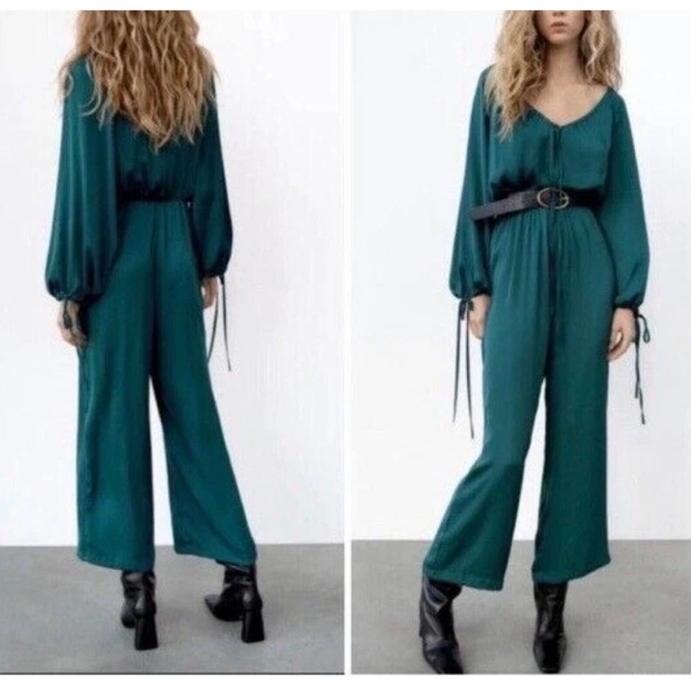Zara Deep Teal Wide-Leg Jumpsuit with Balloon Sleeves
